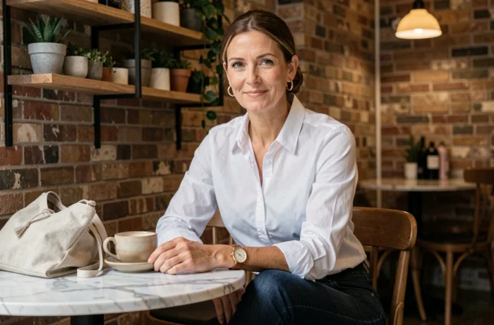 Femme en jean indigo et chemise blanche arborant des bijoux dorés minimalistes dans un café élégant, reflet du style sobre et chic de Jennifer Garner