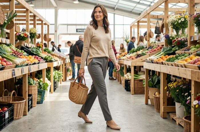 Femme décontractée et élégante avec un sac en osier et des ballerines nude au marché, incarnant l'esthétique naturelle et raffinée associée à Jennifer Garner