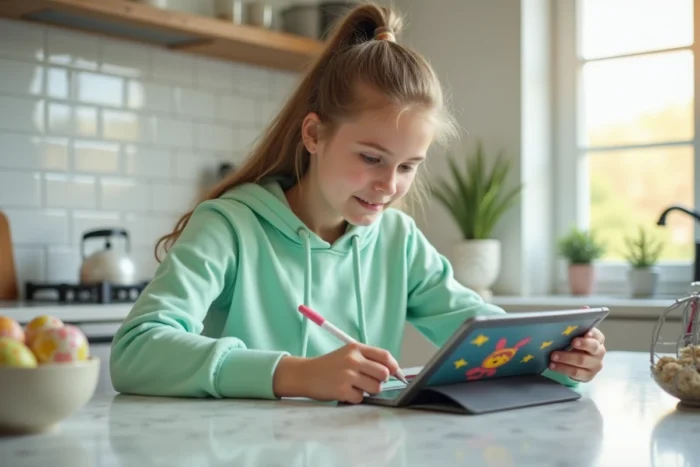 Adolescente créant un gif de Pâques personnalisé sur une tablette dans une cuisine moderne décorée d'œufs peints