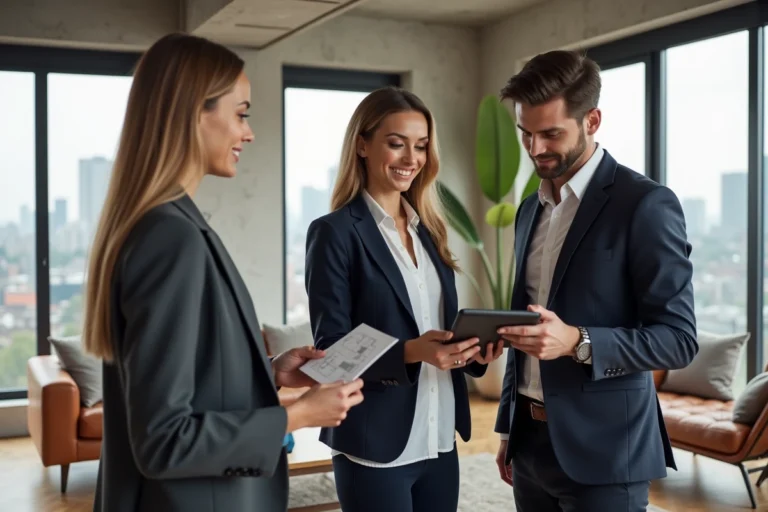 Agent immobilière présentant un appartement moderne à un jeune couple en 2024, avec tablette numérique affichant des annonces immobilières