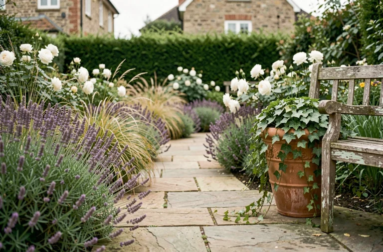 Allée de jardin en pierre bordée de lavande, rosiers blancs et herbes ornementales dans un jardin résidentiel élégant