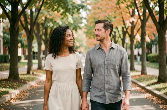 Un couple discret se promenant sur une avenue arborée, évoquant la vie privée d'Amandine Atalaya et de son mari loin des projecteurs