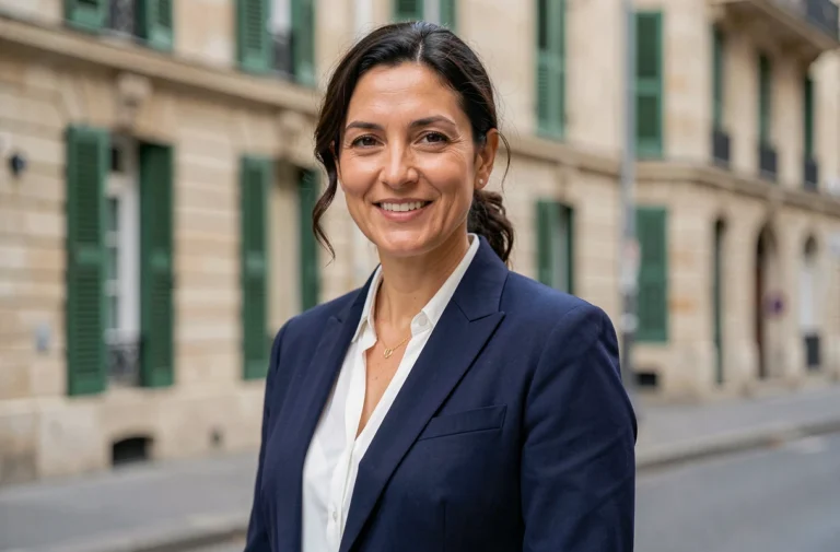 Portrait d'une femme aux traits méditerranéens élégamment habillée dans une rue parisienne, illustrant Amandine Atalaya personnalité publique