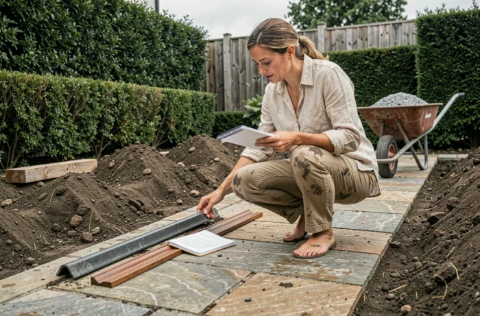 Femme comparant des bordures de jardin en pierre lors de l'aménagement d'une allée extérieure
