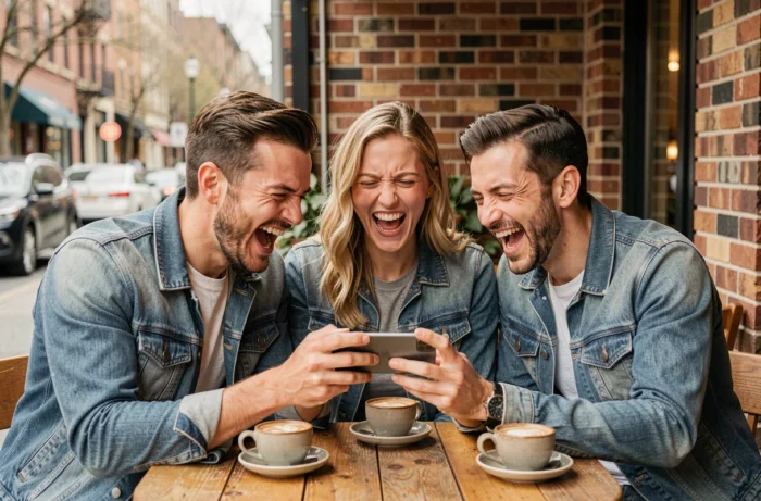 Groupe d'amis qui rient ensemble en regardant une vidéo virale drôle sur smartphone dans un café