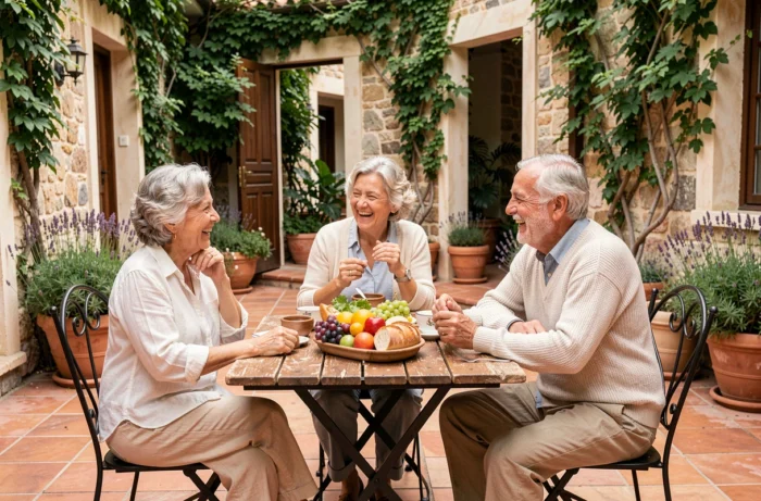 Groupe d'amis seniors partageant un repas convivial en terrasse dans une cour méditerranéenne