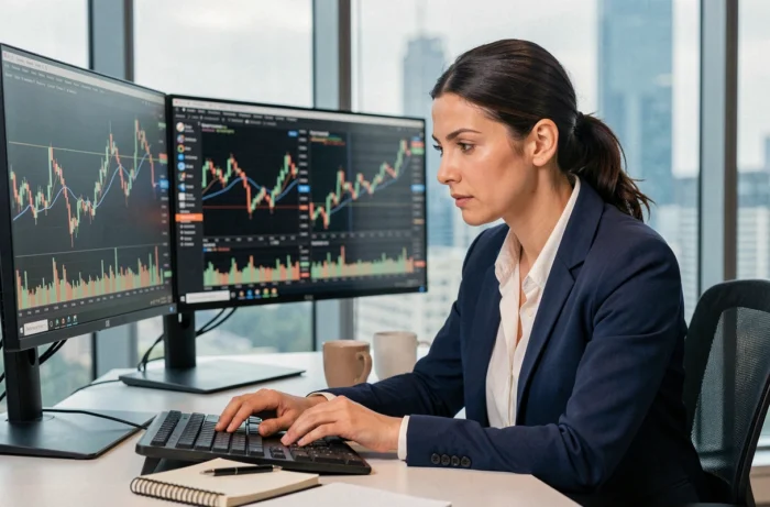 Femme analyste financière étudiant des graphiques boursiers sur deux écrans dans un bureau moderne