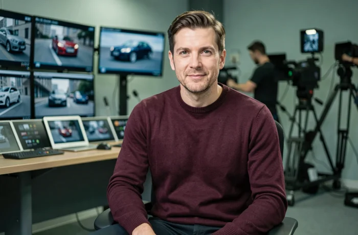 Animateur TV automobile assis dans une régie de tournage entouré d'écrans de diffusion pour une émission auto