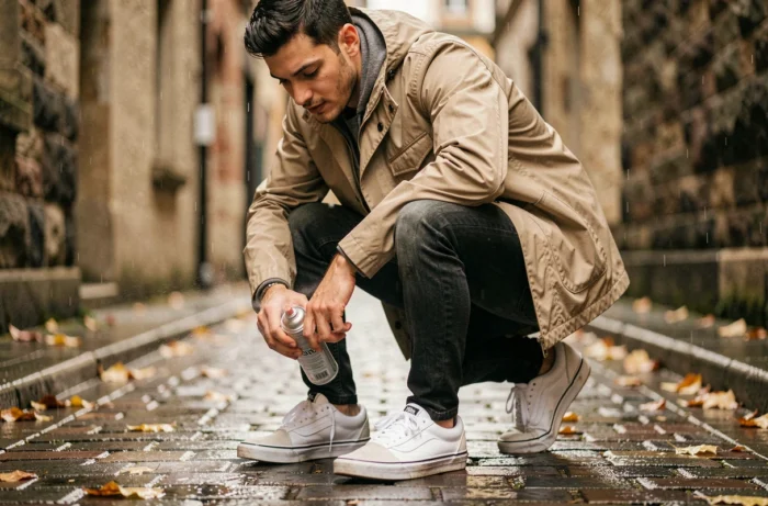 Homme appliquant un spray imperméabilisant sur ses Vans Old Skool blanches dans une ruelle pavée sous la pluie