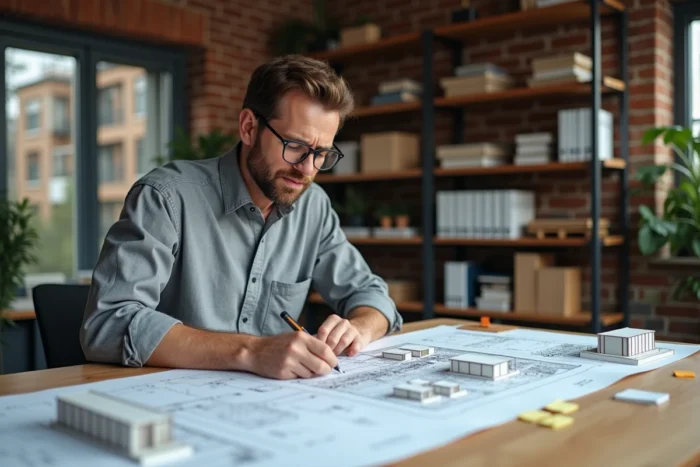 Architecte étudiant des plans immobiliers dans un loft industriel aménagé en studio de conception architecturale