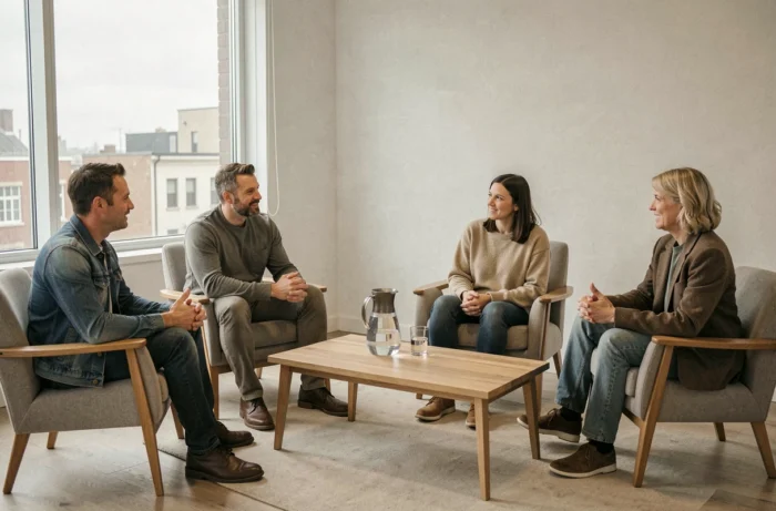 Groupe de soutien en cercle dans une salle communautaire lumineuse représentant les ateliers collectifs d'Espace Renaitre