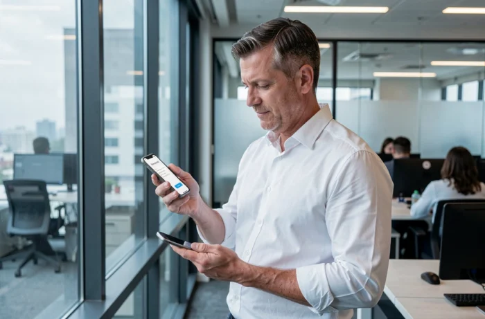 Homme vérifiant une authentification à deux facteurs sur smartphone dans un bureau professionnel