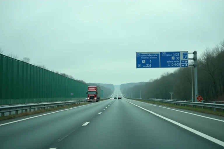 Vue large d'une autoroute française à plusieurs voies avec panneaux directionnels et trafic clairsemé, illustrant le réseau autoroutier gratuit en 2026