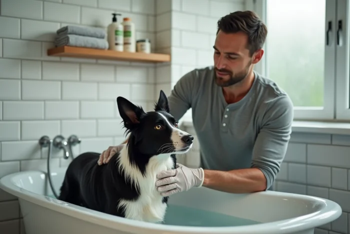 Un homme d'âge moyen en gants de caoutchouc baignant un border collie noir et blanc dans une baignoire en céramique blanche à la maison avec du shampooing pour chien.