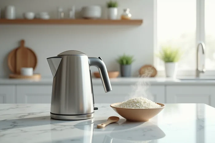 Gros plan d'une bouilloire électrique en acier inoxydable avec du riz jasmin et une cuillère en bois sur un plan de travail en marbre