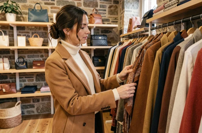 Femme élégante feuilletant des vêtements de saison dans une boutique de mode authentique à Quimper