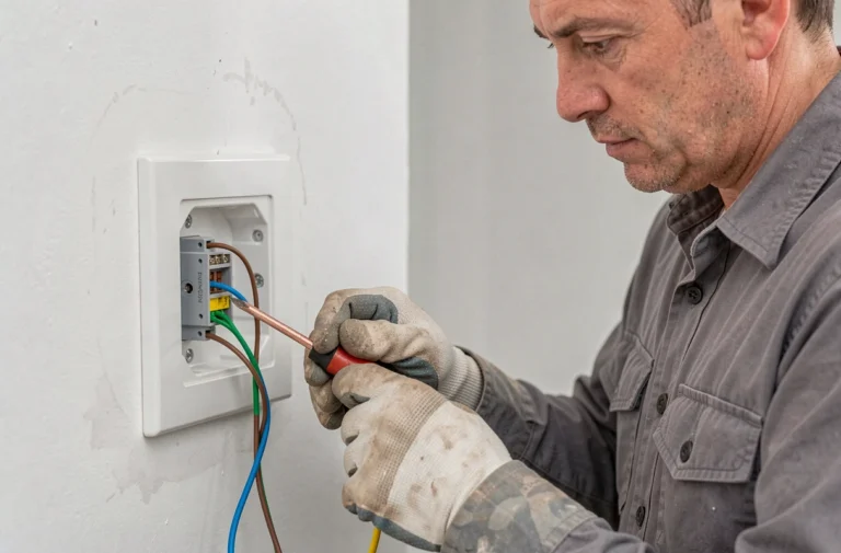 Électricien connectant les fils électriques colorés sur un bouton poussoir Legrand encastré dans un mur blanc
