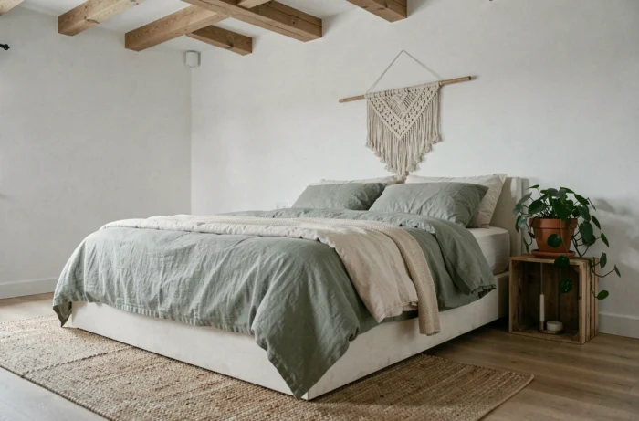 Chambre cosy style scandinave avec literie en lin vert sauge, suspension macramé et plantes vertes pour un intérieur chaleureux