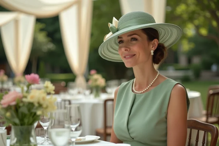 Femme élégante avec chapeau cocktail vert sauge lors d'une réception de mariage en jardin