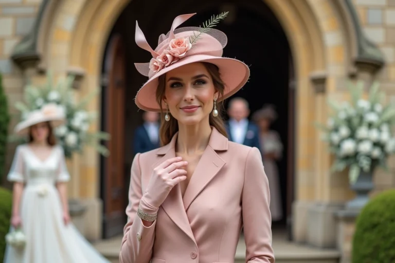 Invitée de mariage portant un chapeau fascinator floral rose poudré devant une église en pierre