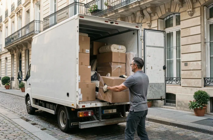 Un déménageur professionnel chargeant des cartons dans un camion de déménagement devant un immeuble parisien en pierre