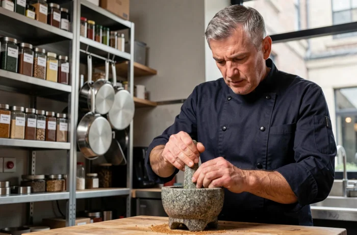 Chef masculin broyant des épices dans un mortier en granit dans une cuisine professionnelle moderne