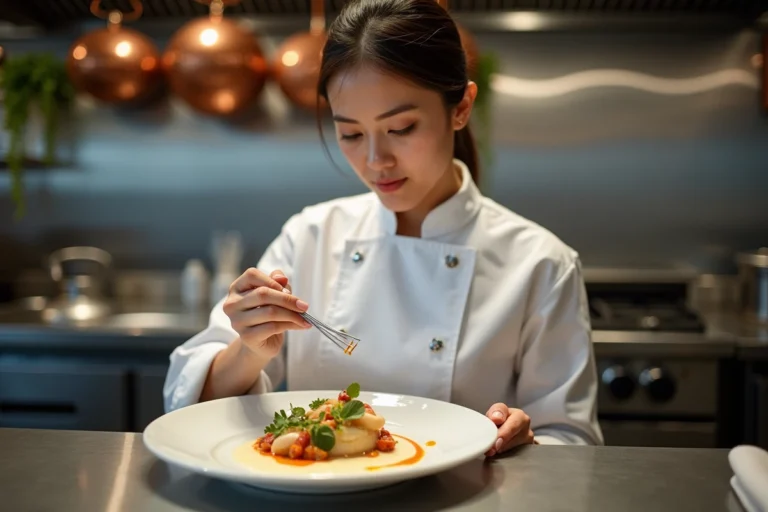 Cheffe cuisinière professionnelle en train de dresser un plat gastronomique dans une cuisine de restaurant étoilé