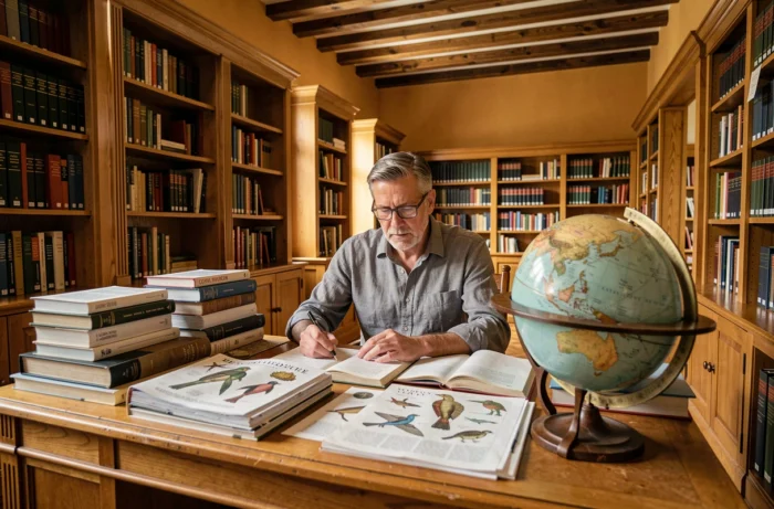 Chercheur consultant des encyclopédies zoologiques dans une bibliothèque universitaire