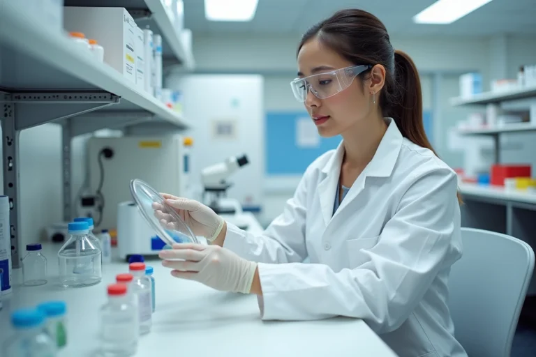 Chercheuse de l'Inserm analysant un échantillon en laboratoire de recherche biomédicale en France