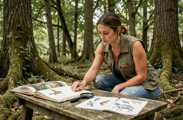 Chercheuse en terrain forestier consultant des ressources sur les animaux sauvages