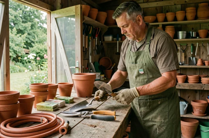 Homme sélectionnant des outils de jardinage essentiels sur un établi en bois dans un abri de jardin rustique