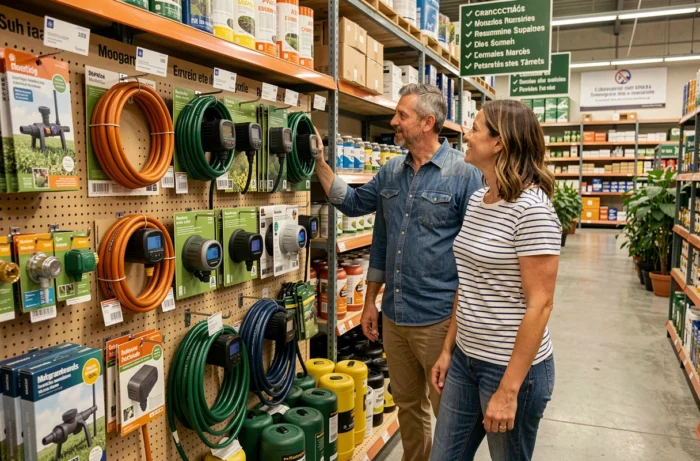 Couple choisissant un système d'irrigation et des équipements d'arrosage dans une jardinerie