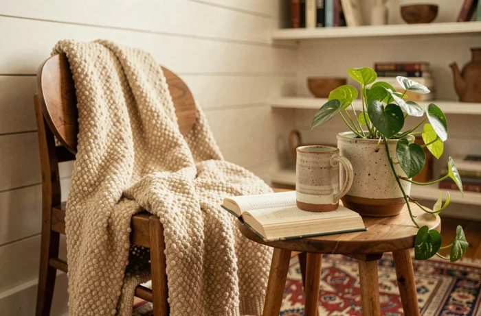 Coin lecture cosy aménagé avec fauteuil bouclé, plante verte et accessoires artisanaux dans un intérieur chaleureux