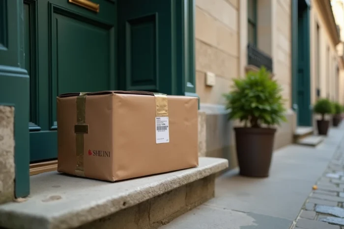 Colis Shein déposé devant la porte d'un appartement français avec étiquette de livraison visible