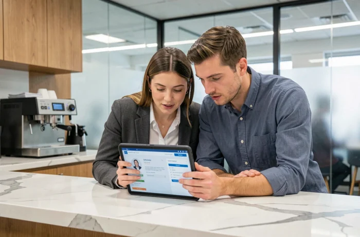 Deux collaborateurs Altran consultant ensemble l'espace Smart RH sur une tablette en salle de pause