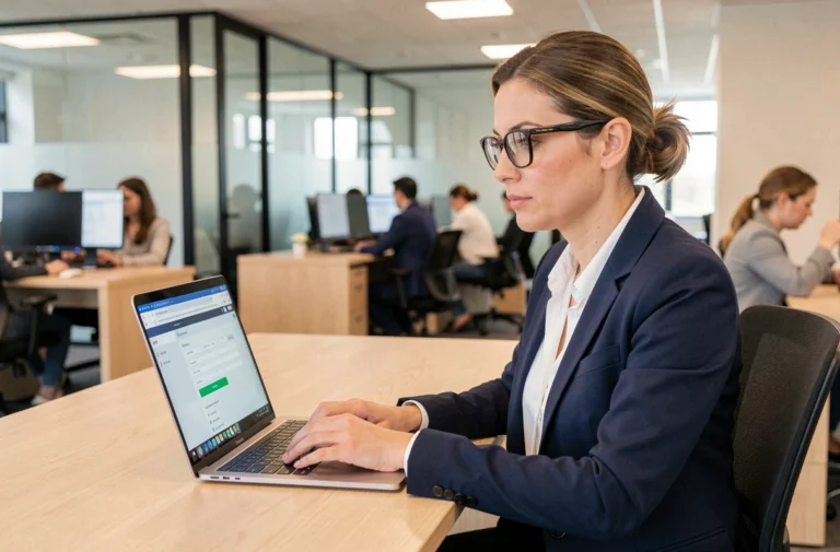Collaboratrice Altran accédant à l'espace Smart RH sur son ordinateur portable au bureau