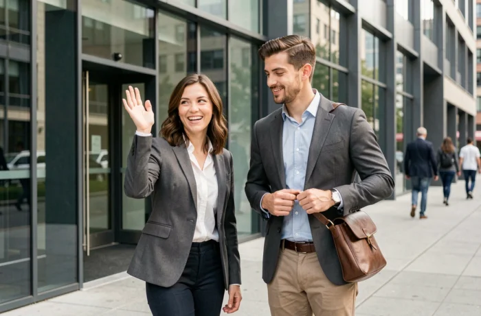 Deux collègues se disant à tout à l'heure devant un immeuble de bureaux, illustrant l'usage courant de l'expression française dans la vie quotidienne