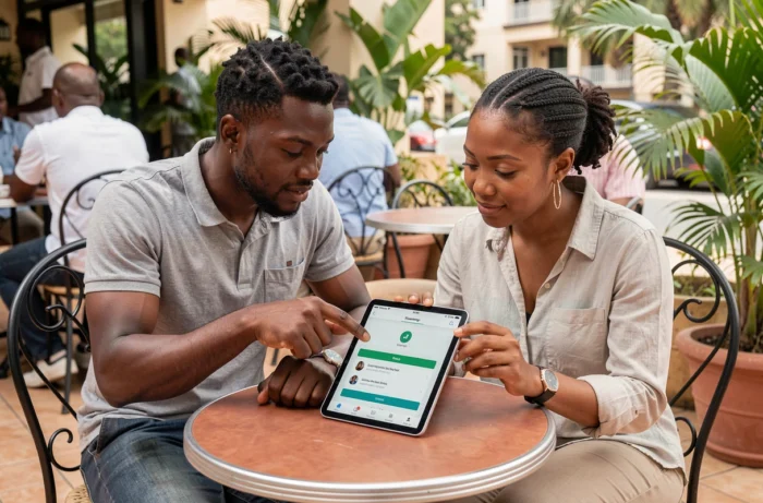 Deux collègues africains consultant les conditions d'un prêt Wave sur une tablette dans un café urbain