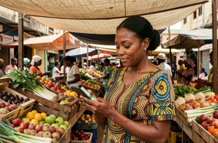 Commerçante africaine utilisant Wave pour emprunter de l'argent rapidement depuis son étal de marché