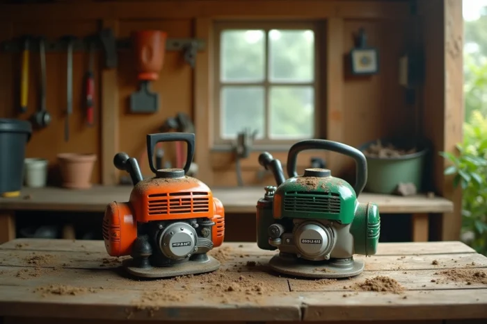 Comparaison de deux coupe-bordures thermiques posés sur un établi en bois dans un atelier de jardin