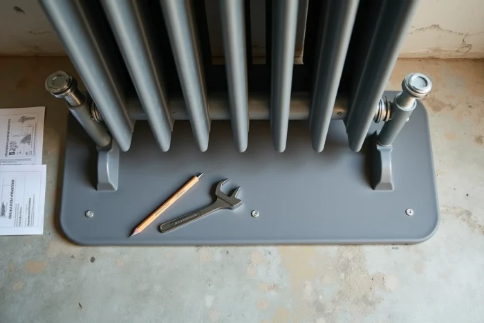 Composants d'un kit de pied de radiateur en fonte disposés sur un sol en béton avant montage