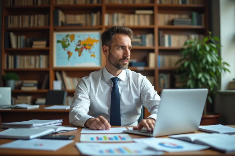 Comptable analysant des données fiscales internationales dans un bureau avec carte du monde et documents de comparaison de taux d'imposition 2024