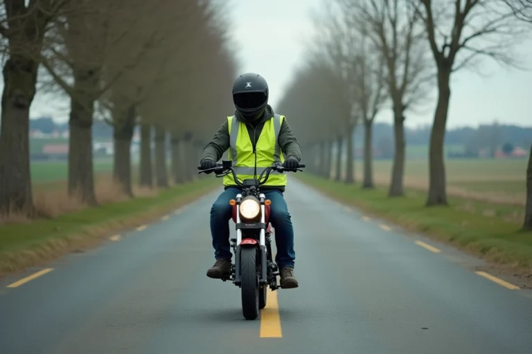 Jeune conducteur en gilet de sécurité sur un Piwi 80 sur une route rurale française