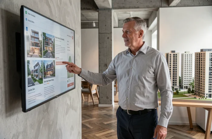Conseiller immobilier présentant des annonces sur écran tactile dans un appartement témoin moderne