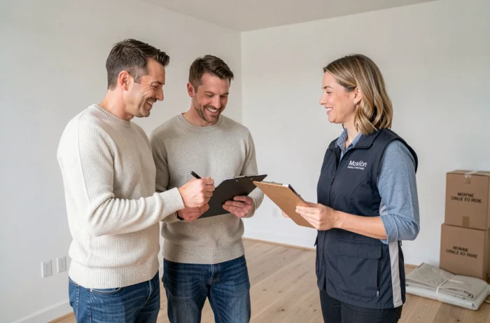 Un couple discutant avec une coordinatrice de déménagement professionnelle dans un appartement vide lors de la planification d'un déménagement serein