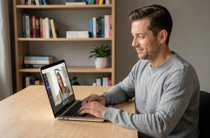 Homme en consultation en ligne via vidéoconférence depuis son bureau à domicile pour un accompagnement à distance