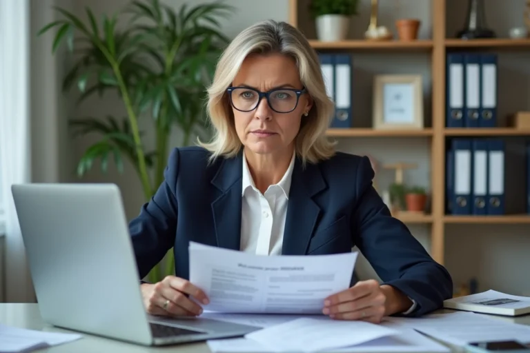 Femme consultant des documents immobiliers et un site gouvernemental pour vérifier la liste noire des promoteurs immobiliers en France