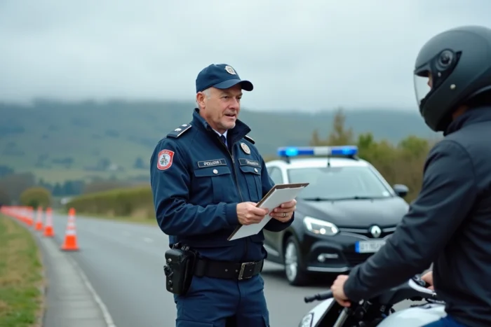 Gendarme français contrôlant les documents d'un conducteur de Piwi 80 lors d'un contrôle routier