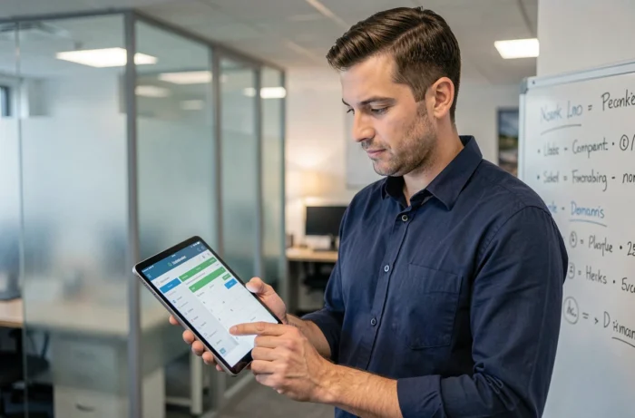 Coordinateur de services à domicile consultant un planning numérique sur tablette dans un espace de travail partagé