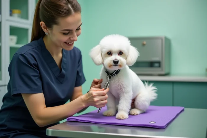 Assistante vétérinaire en blouse marine taillant délicatement les pattes d'un petit bichon frisé blanc sur un tapis antidérapant violet dans une clinique vétérinaire moderne.